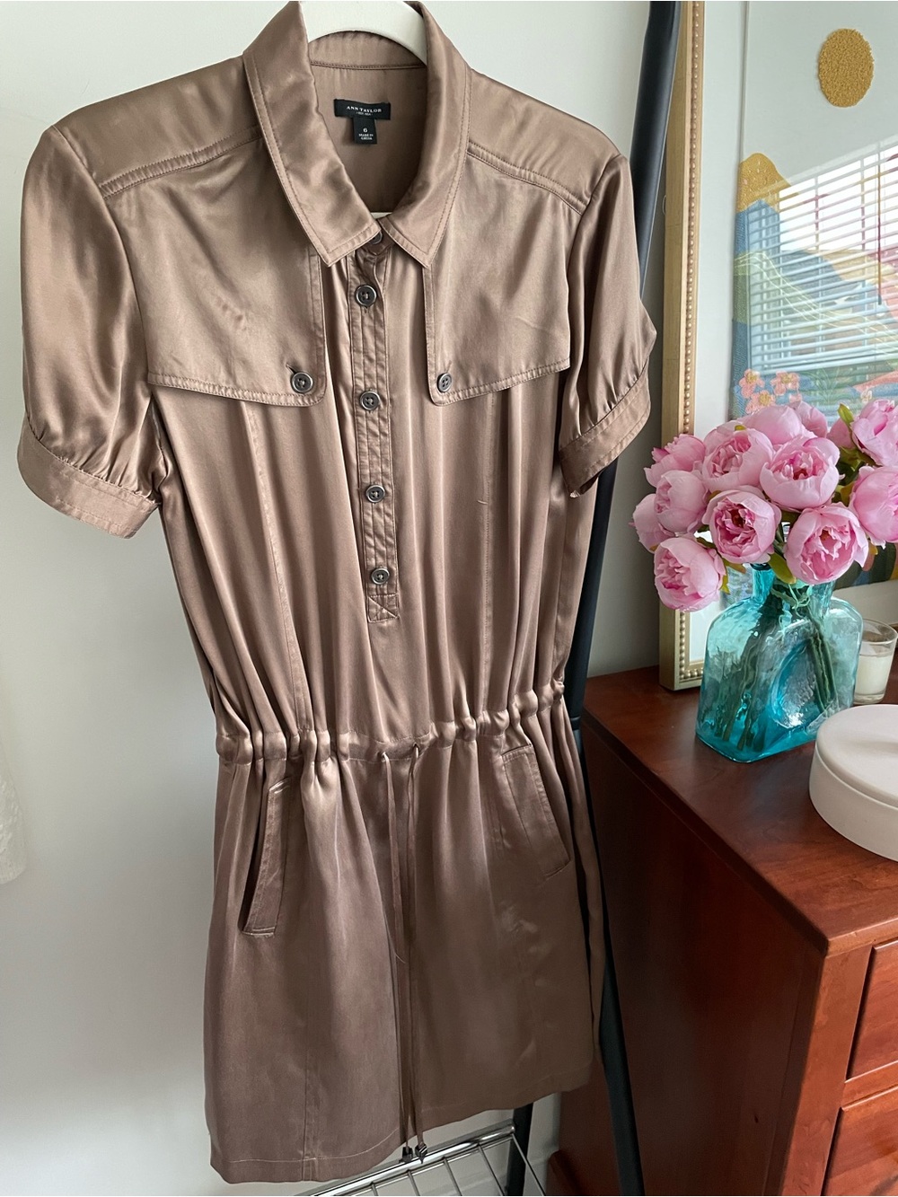 Ann Taylor Dark Tan Silk Shirt Dress (above knee)